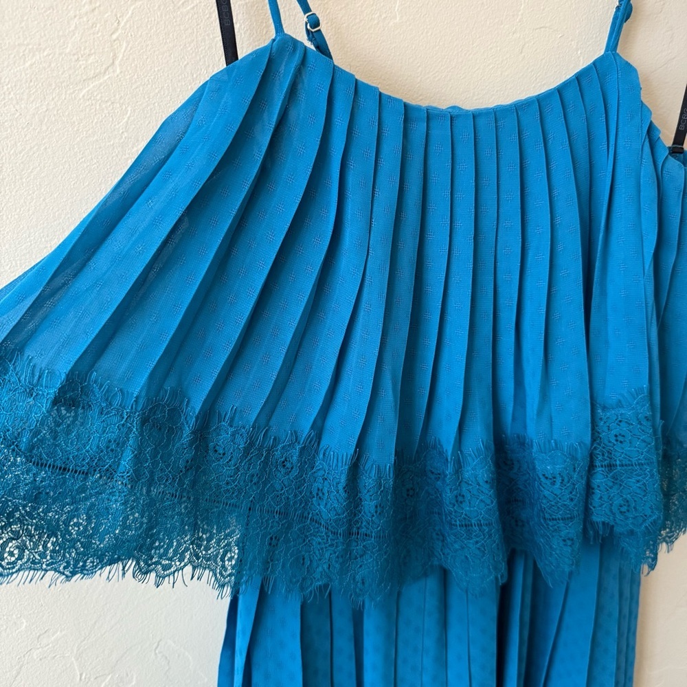 BCBGeneration Blue Pleated Maxi Dress XS – Lace Trim Boho Resort Style - Picture 3 of 6